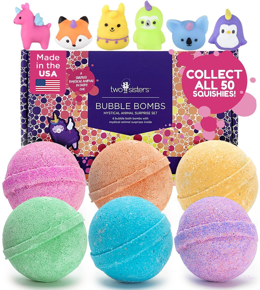 Two Sisters Mystical Bath Bomb reveals surprise toy inside during bath time.