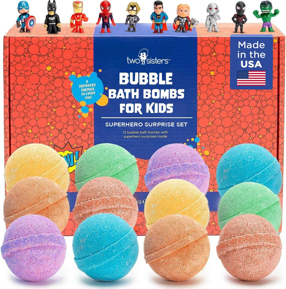 Two Sisters superhero bath bombs with surprise toy inside for kids' bath time.