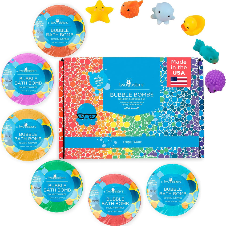 Two Sisters squishy bath bombs reveal a surprise toy inside for kids' bath time fun.