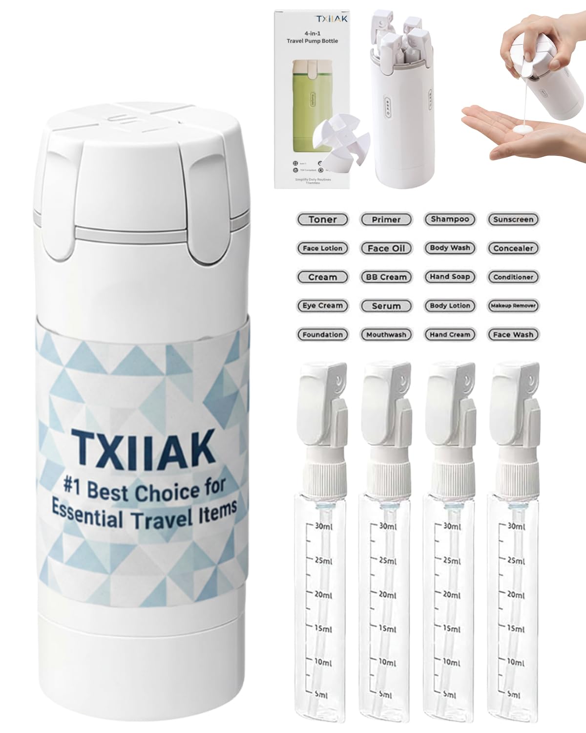 TXIIAK 4-in-1 travel dispenser bottle front view, compact and leakproof for carry-on use