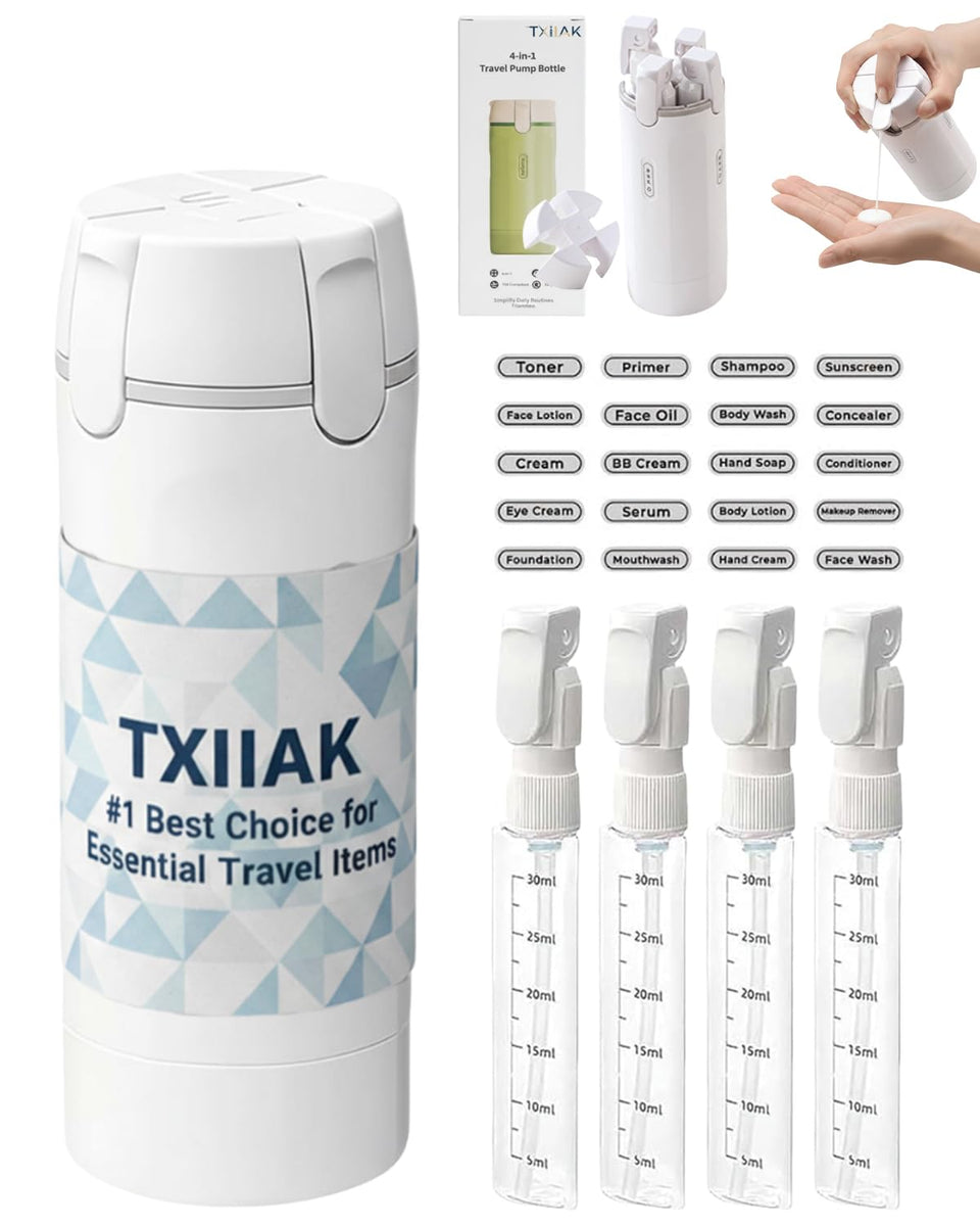 TXIIAK 4-in-1 travel dispenser bottle front view, compact and leakproof for carry-on use