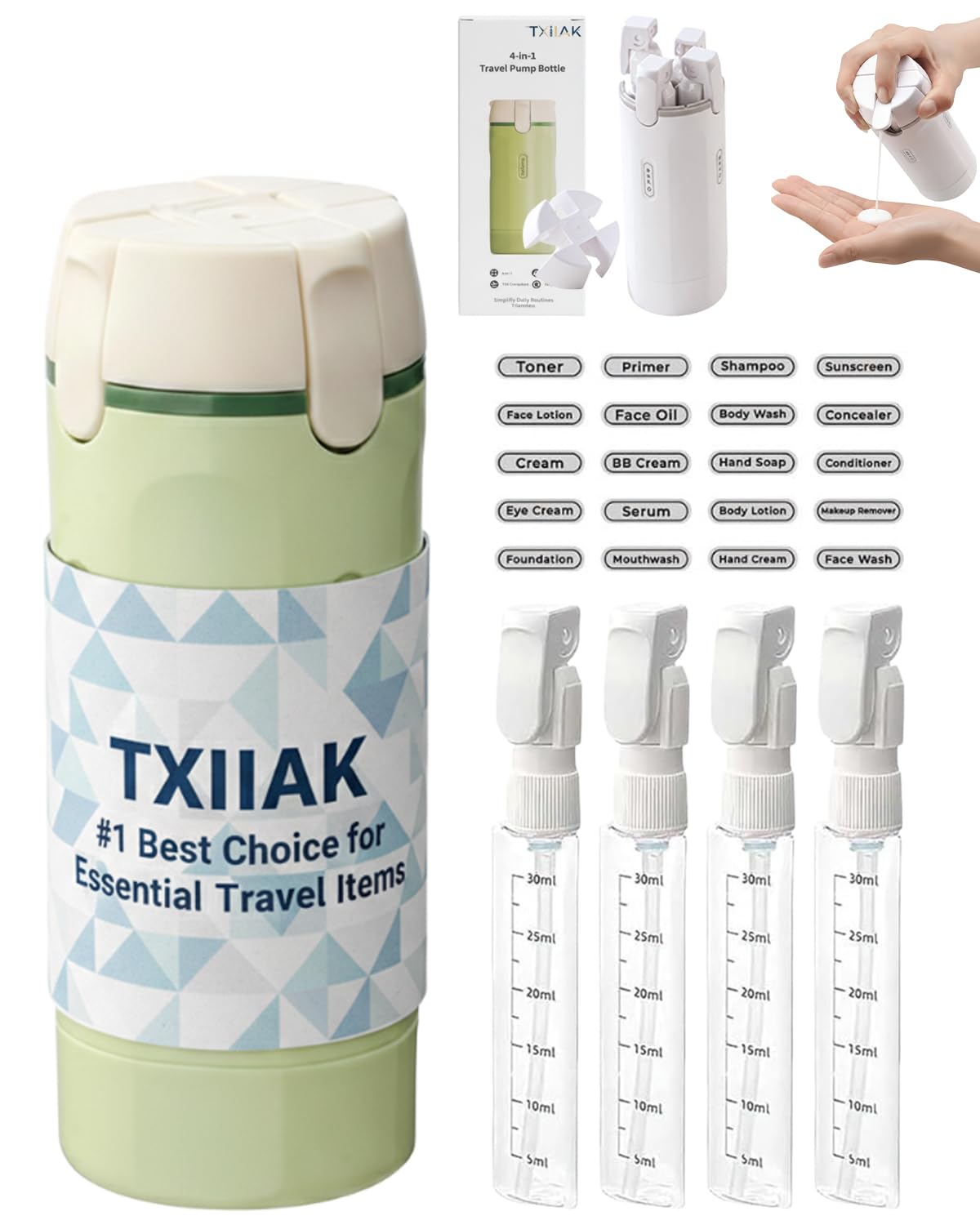 TXIIAK 4-in-1 travel dispenser bottle front view for organized packing