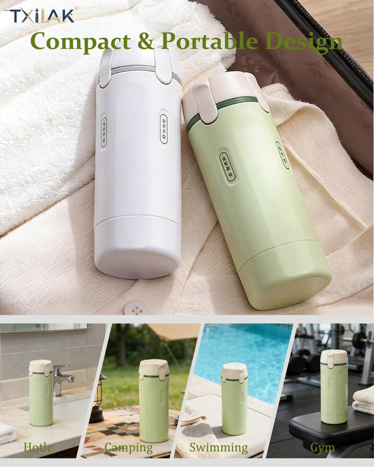 TXIIAK 4-in-1 travel dispenser bottle clearly labeled compartments for quick access