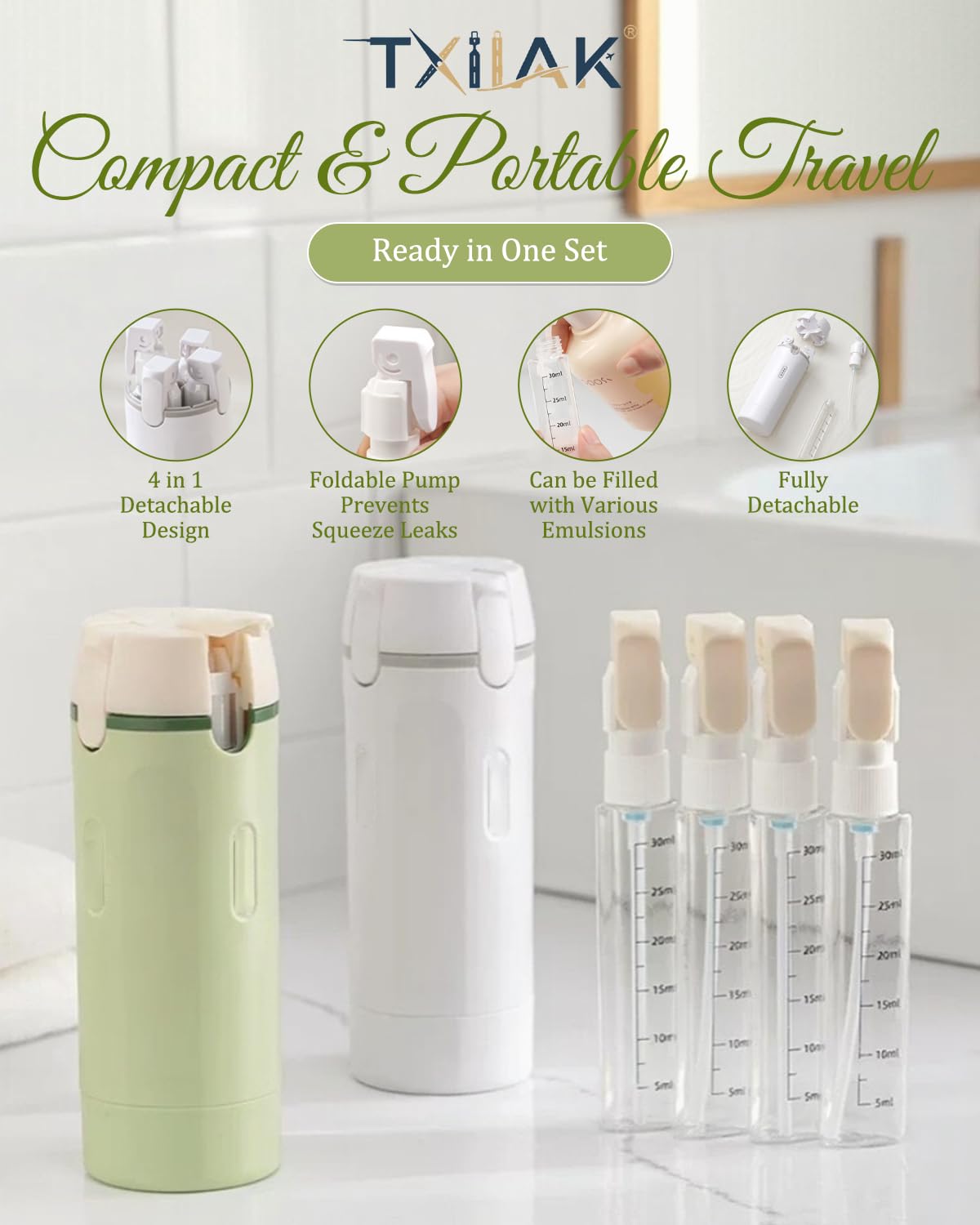 TXIIAK 4-in-1 travel dispenser bottle leak-proof cap protects contents during travel