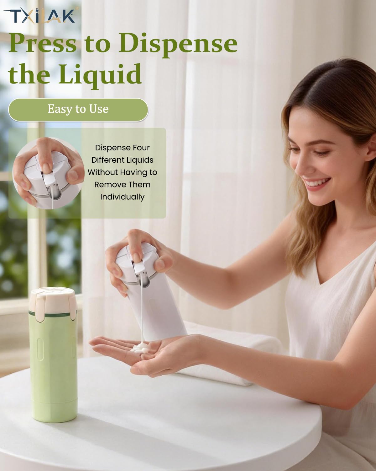 TXIIAK 4-in-1 travel dispenser bottle easy-to-use for showers on the go