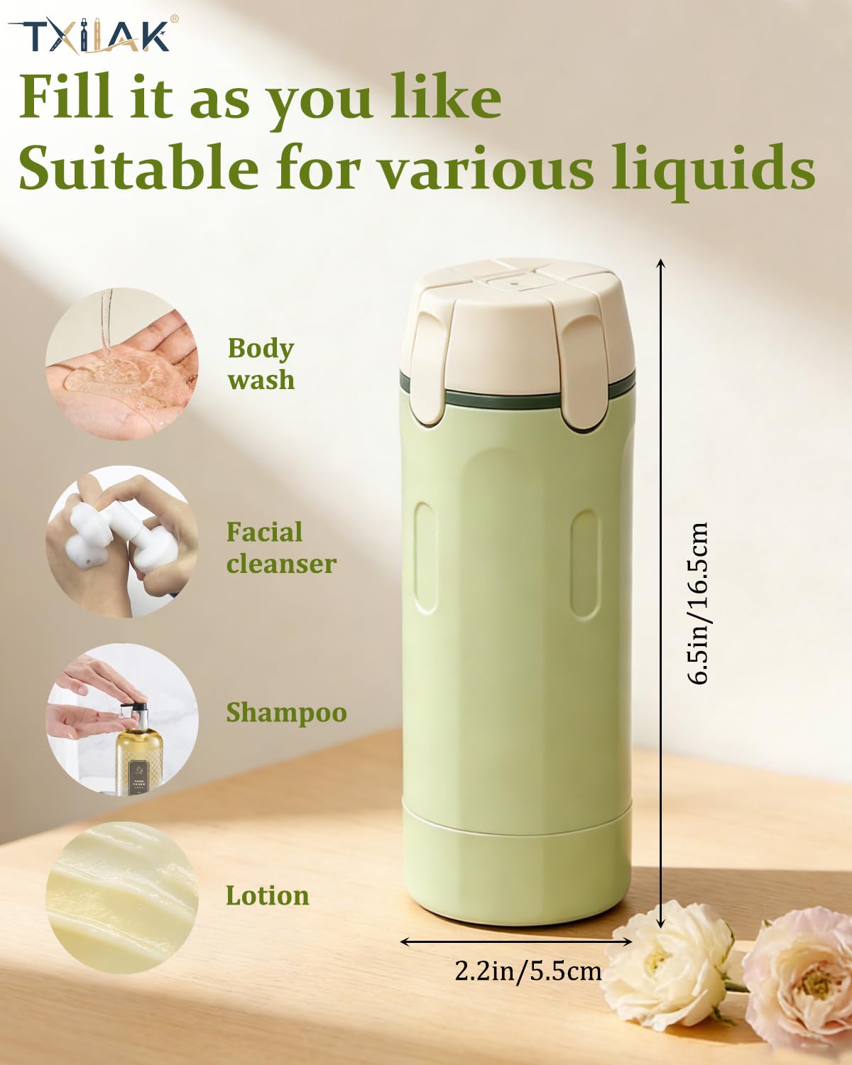 TXIIAK 4-in-1 travel dispenser bottle ideal for vacations and gym days