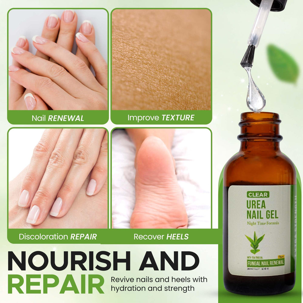 TXLSC Tea Tree Oil infused gel ready for nighttime use on nails and skin.