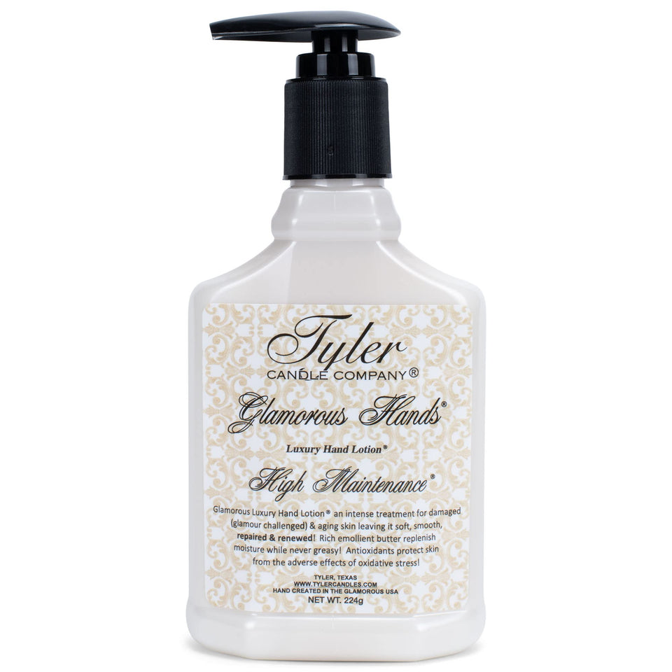 Tyler Candle Co High Maintenance Hand Lotion bottle for luxurious, rich hand care.