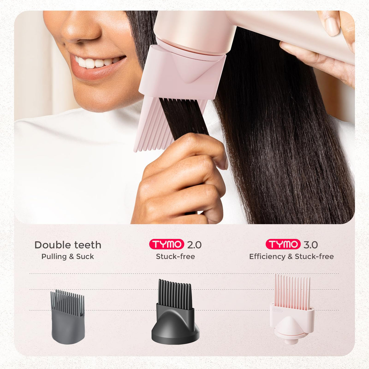 TYMO AIRHYPE 200 million ions close-up demonstrates anti-frizz effect.