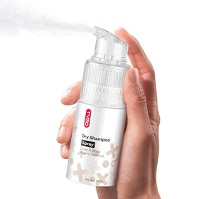 TYMO Dry Shampoo Powder bottle close-up highlighting compact design and oil absorption.