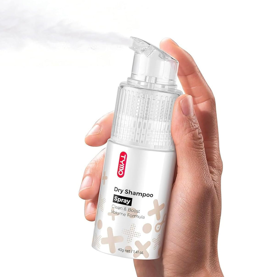TYMO Dry Shampoo Powder bottle close-up highlighting compact design and oil absorption.