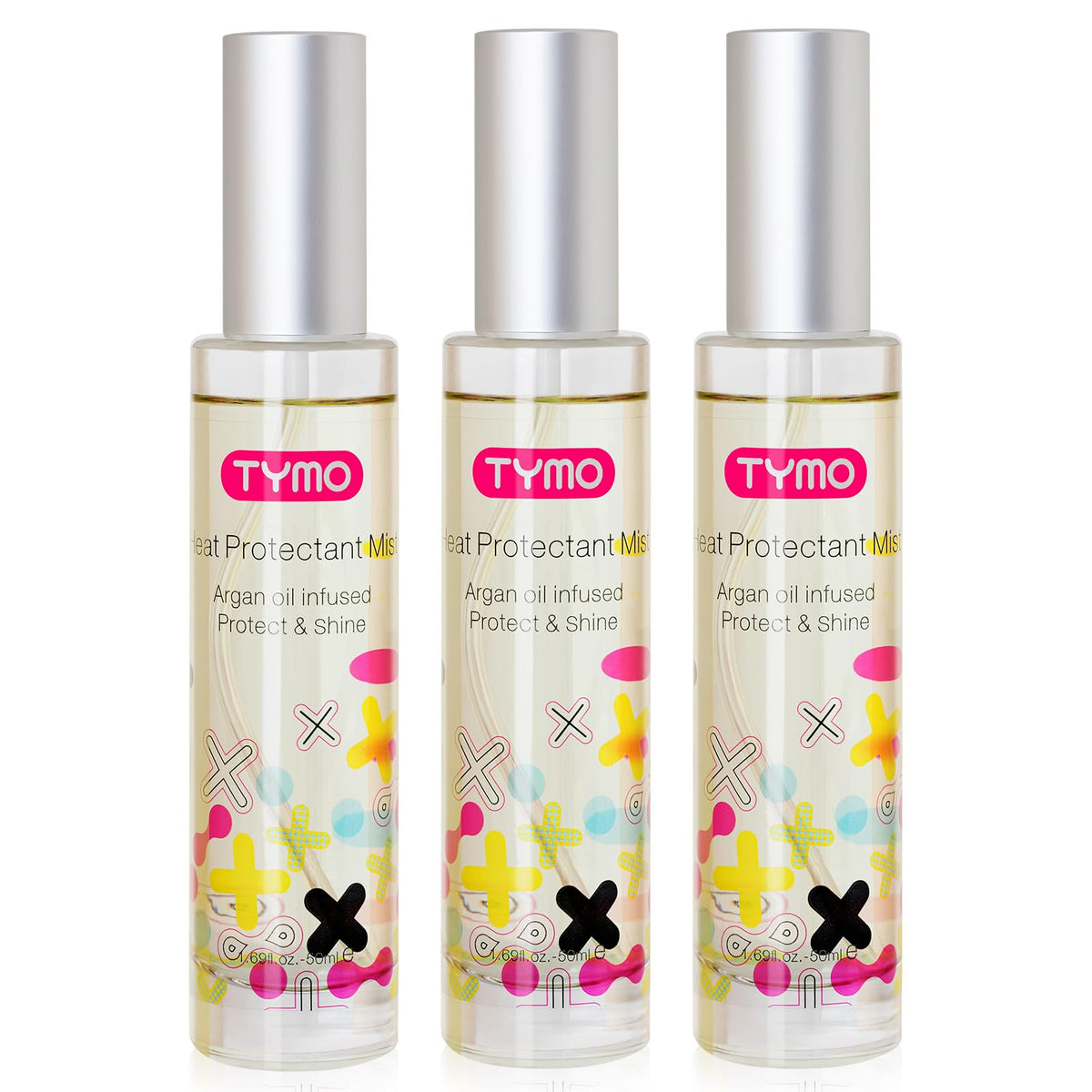 TYMO heat protectant bottle applying a protective layer before styling with heated tools