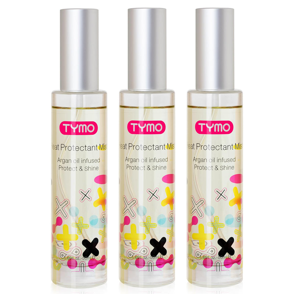 TYMO heat protectant bottle applying a protective layer before styling with heated tools