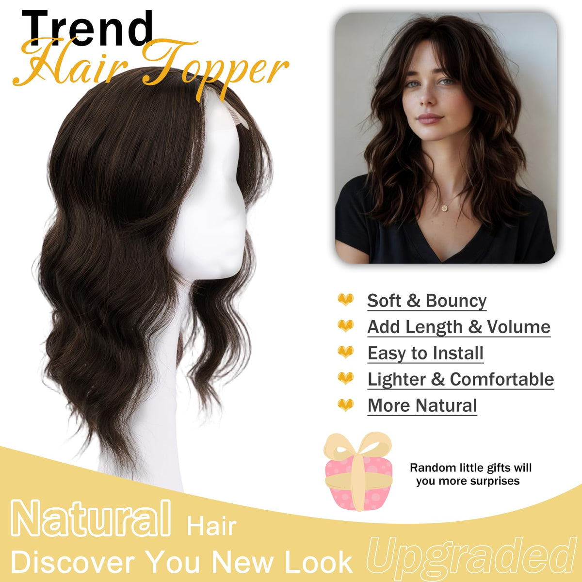 TYQ hair toppers 360-degree coverage creates seamless fullness around the crown.