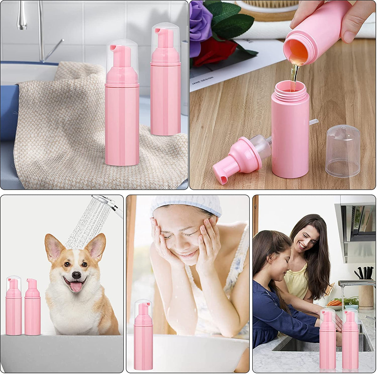 Tzirci pink bottles helping organize beauty products neatly.