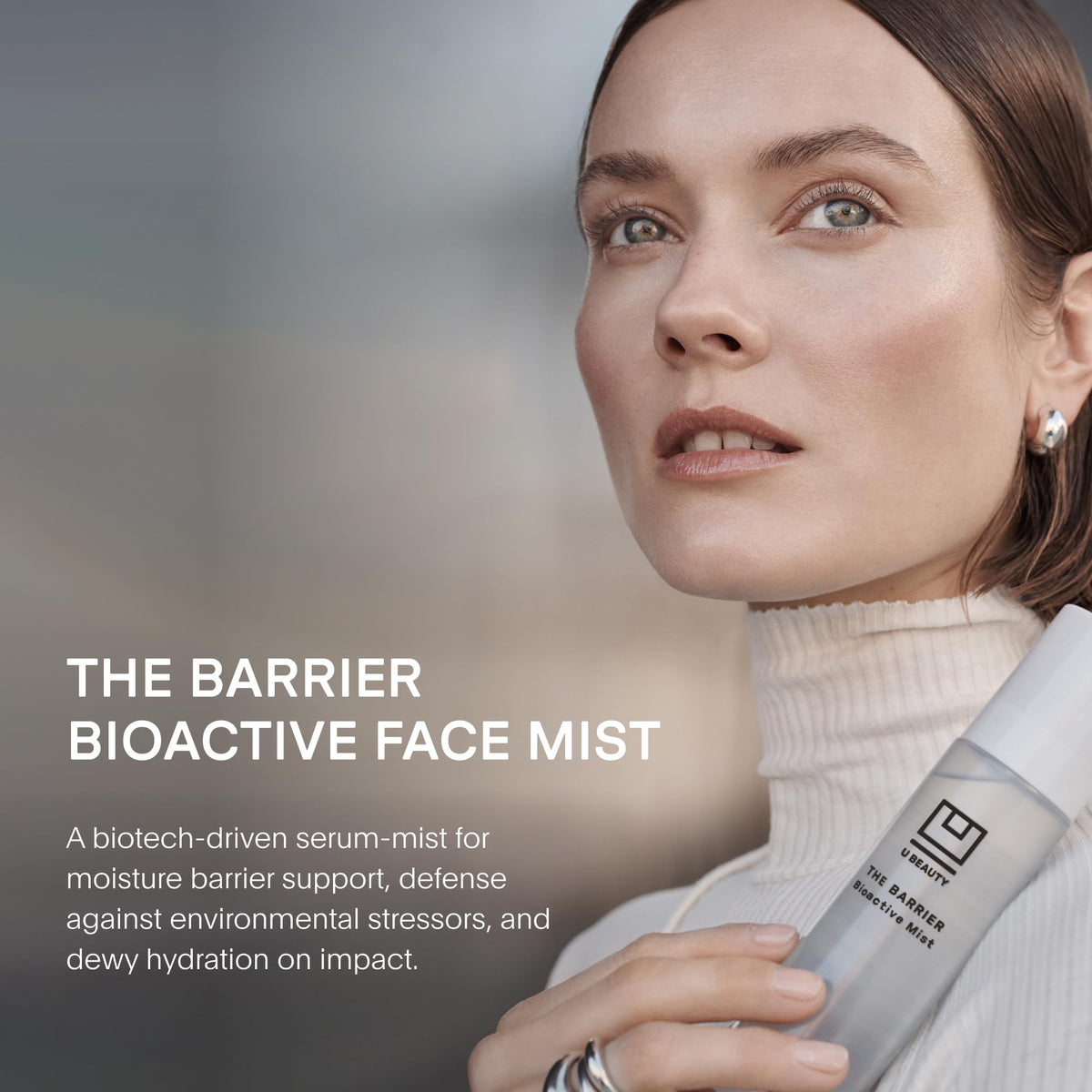 U Beauty Barrier Bioactive Face Mist spray action captured mid-dispense refreshing your complexion