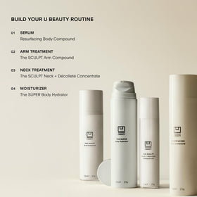Ingredients blend of U Beauty Resurfacing Body Compound highlighting AHAs and retinol.