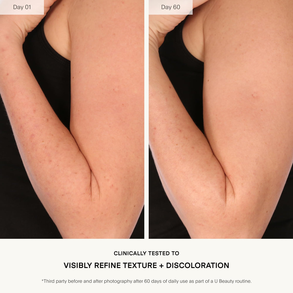 Texture closeup of U Beauty Resurfacing Body Compound on skin.