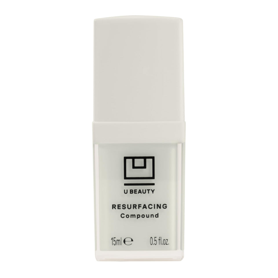 U Beauty Resurfacing Compound Serum bottle on a clean vanity for daily renewal