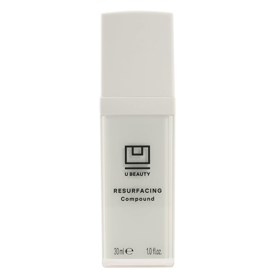 U Beauty Resurfacing Compound Serum bottle close-up for radiant, even-toned skin.