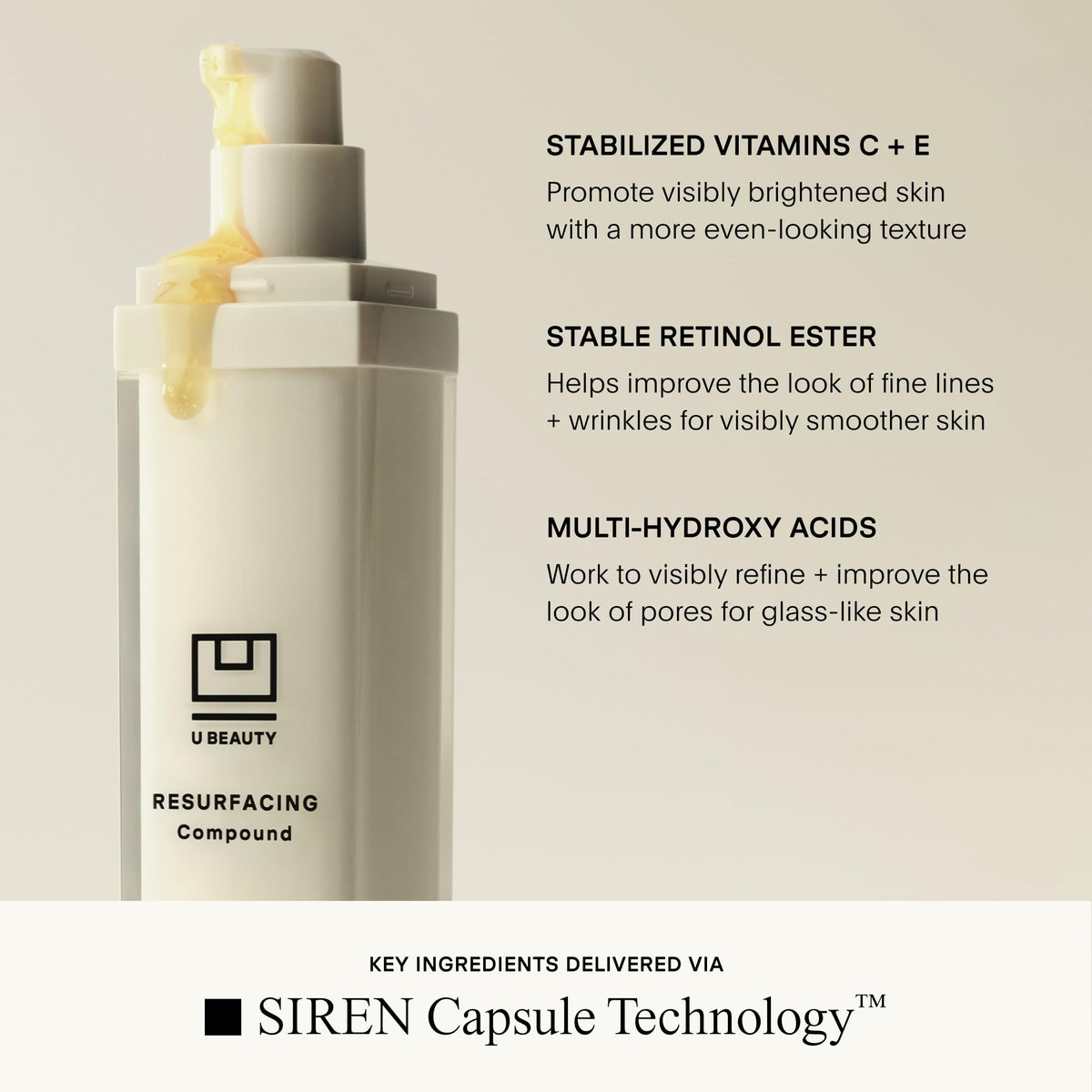 U Beauty Resurfacing Compound Serum hyaluronic acid droplet close-up for deep hydration.