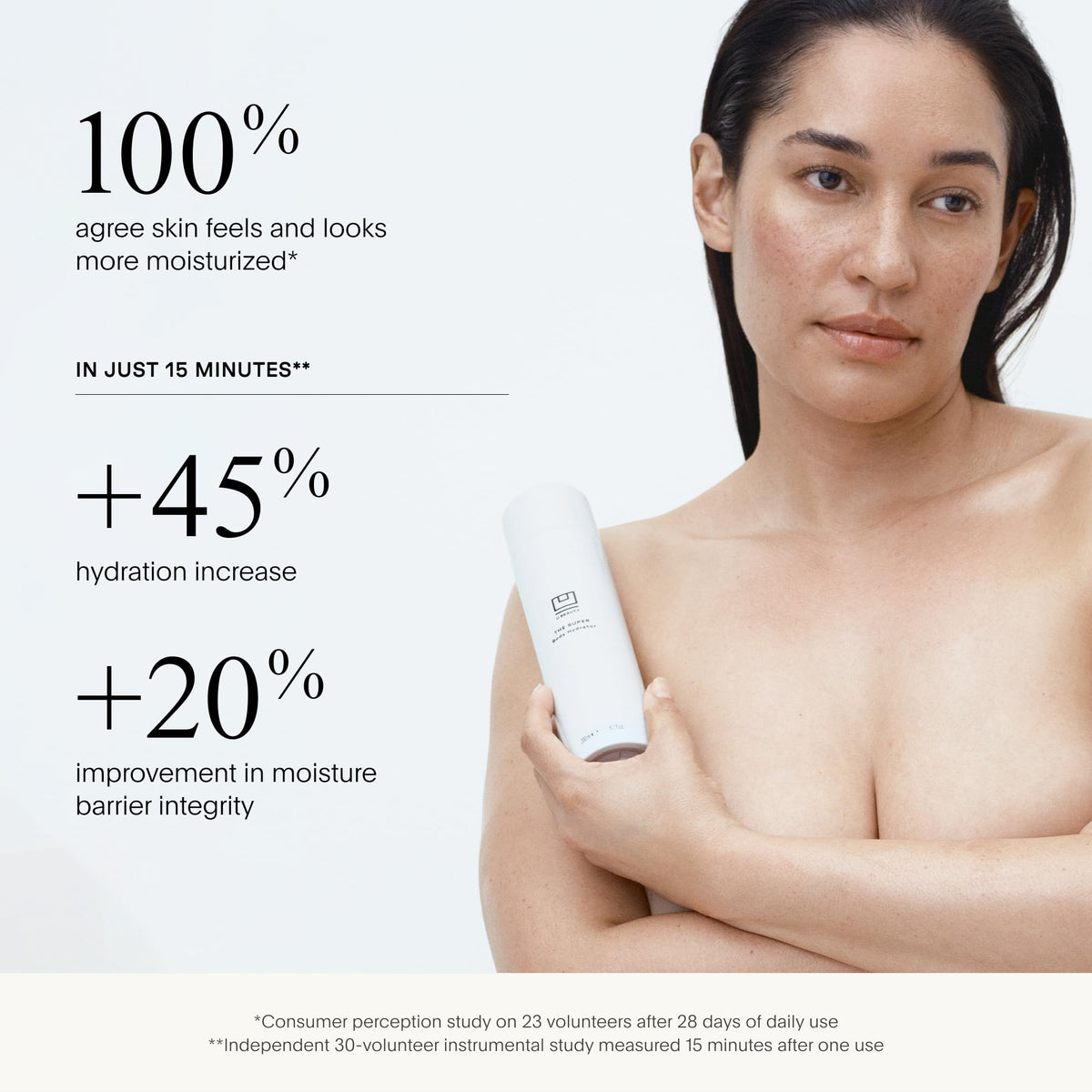Hands applying U Beauty The SUPER Body Hydrator to dry skin.