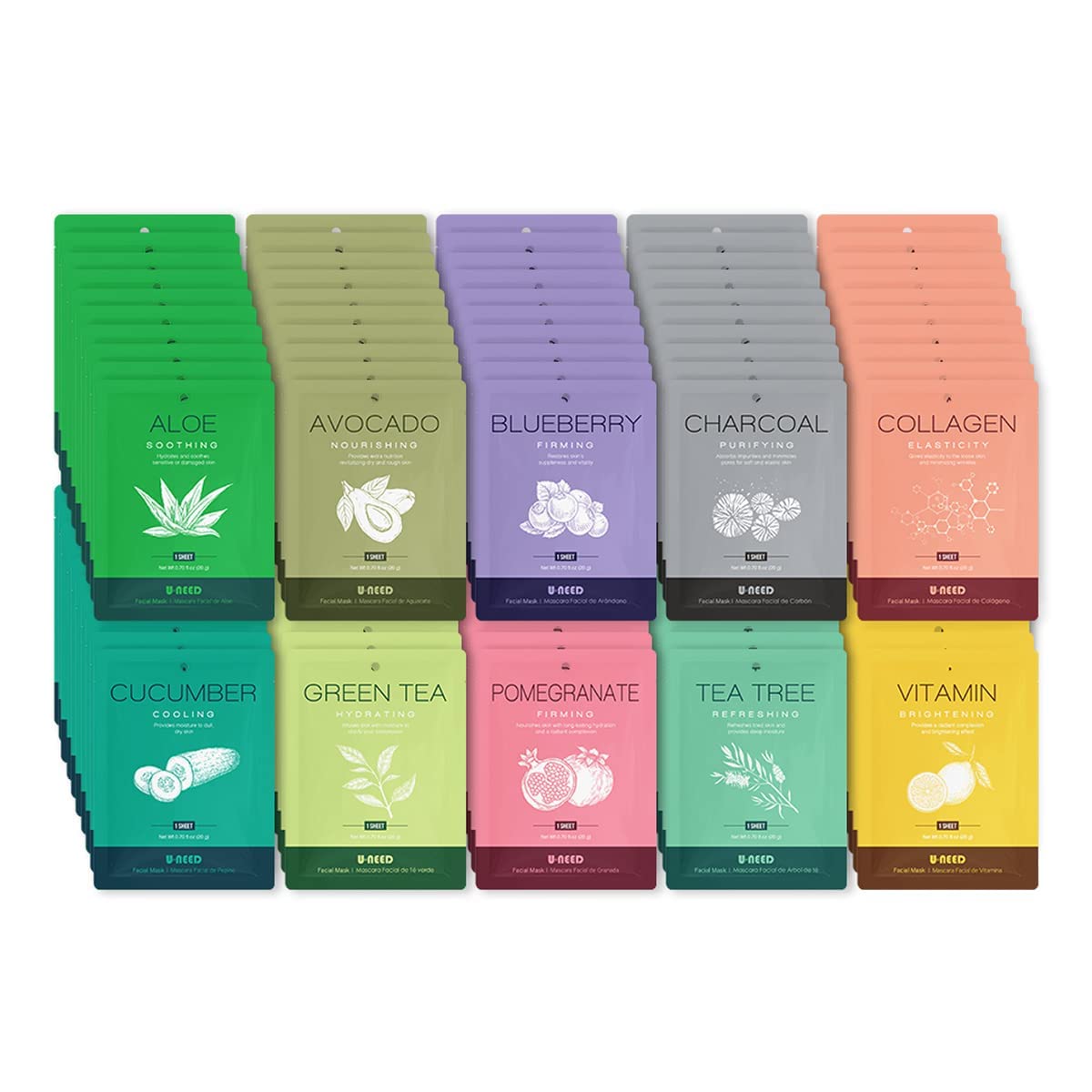 U-NEED Korean face sheet mask collection image for hydration and skin balance