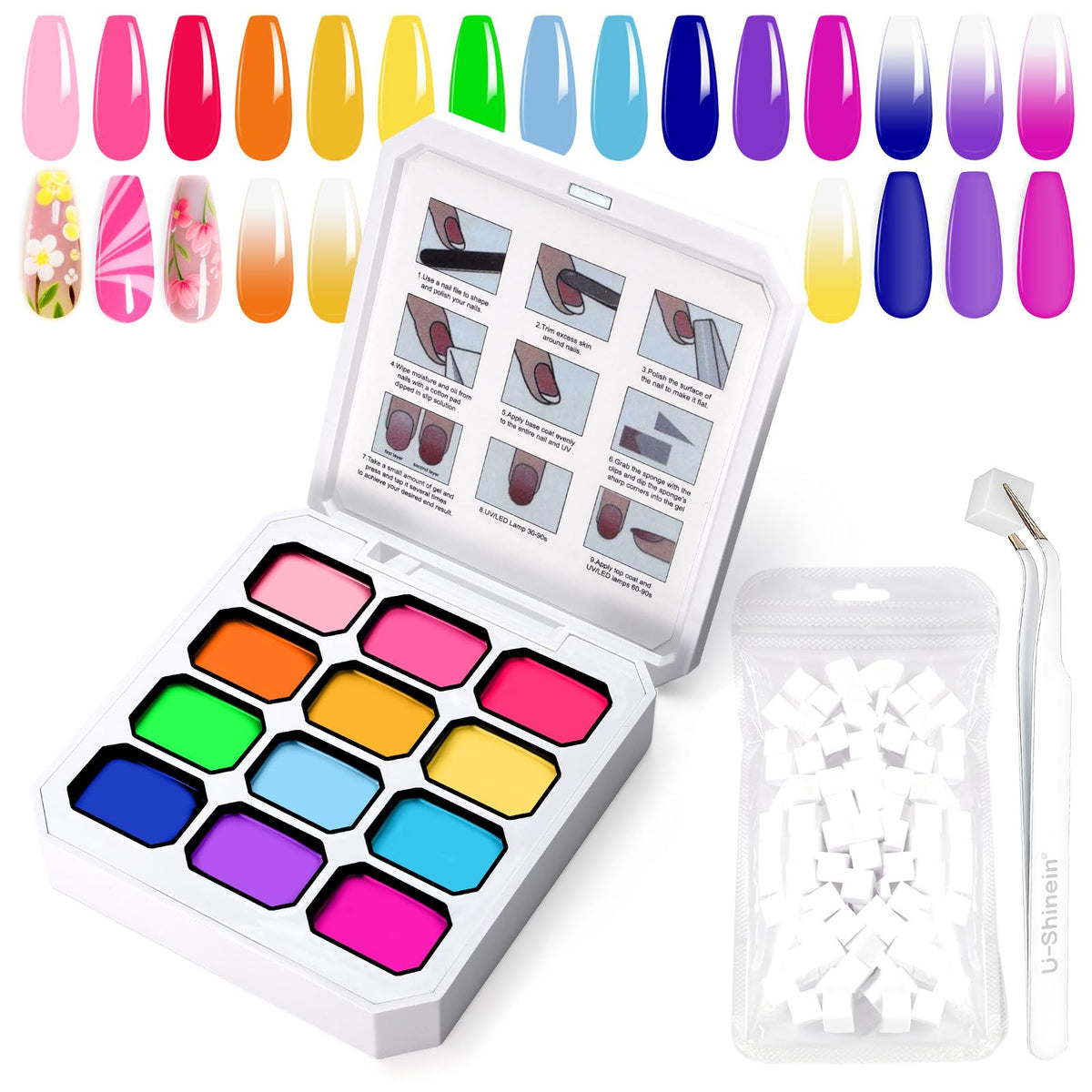 U-Shinein 12-colors gradient gel palette enables seamless ombre blends for vibrant nails.