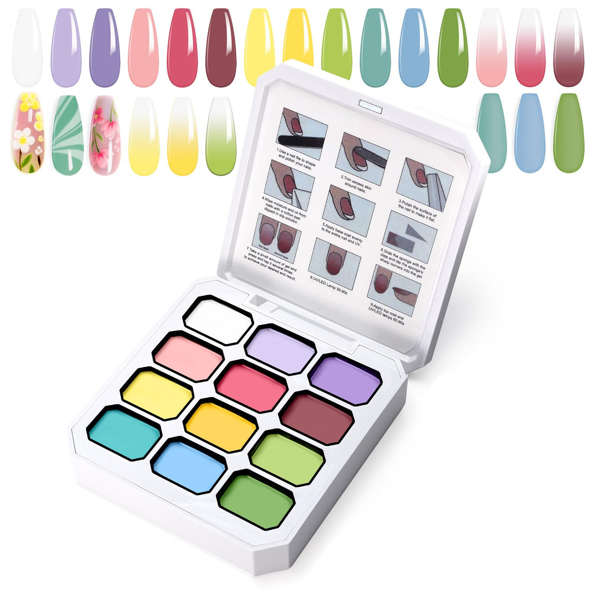 U-Shinein gradient painting gel swatches reveal the 12-color ombre palette.
