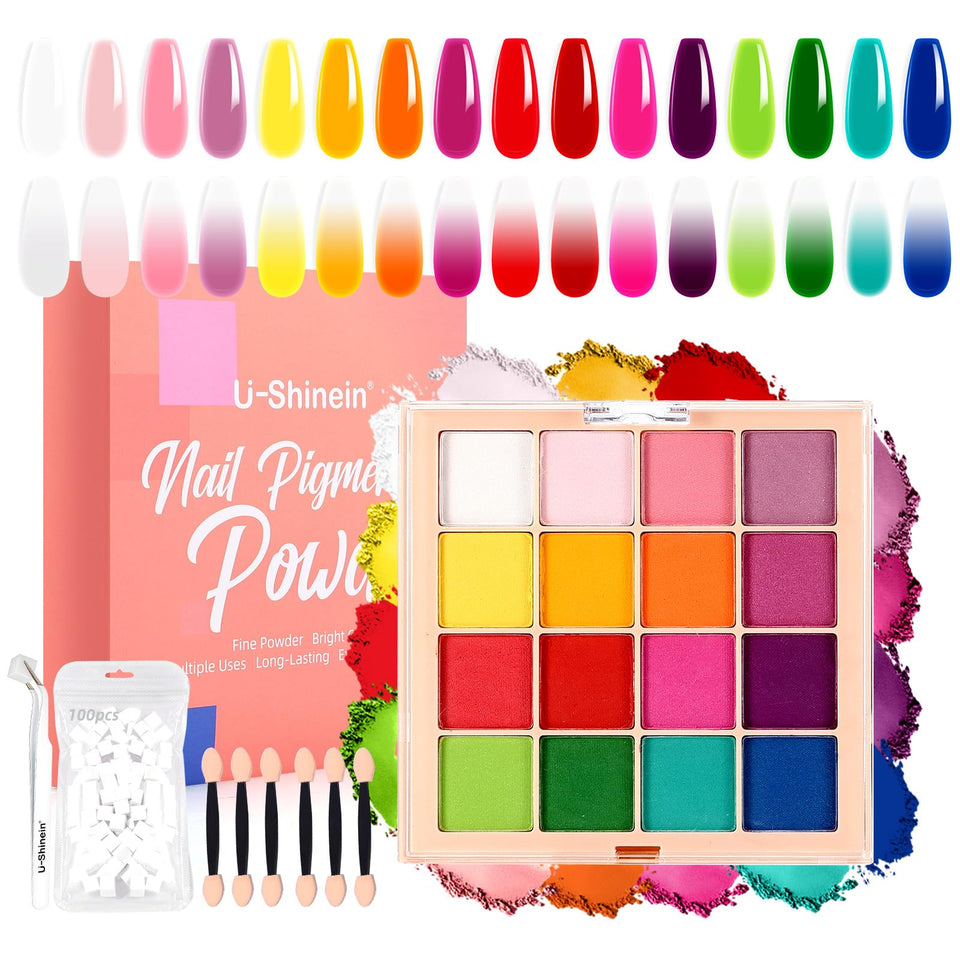 U-Shinein nail pigment palette with 16 ombre colors for vibrant art