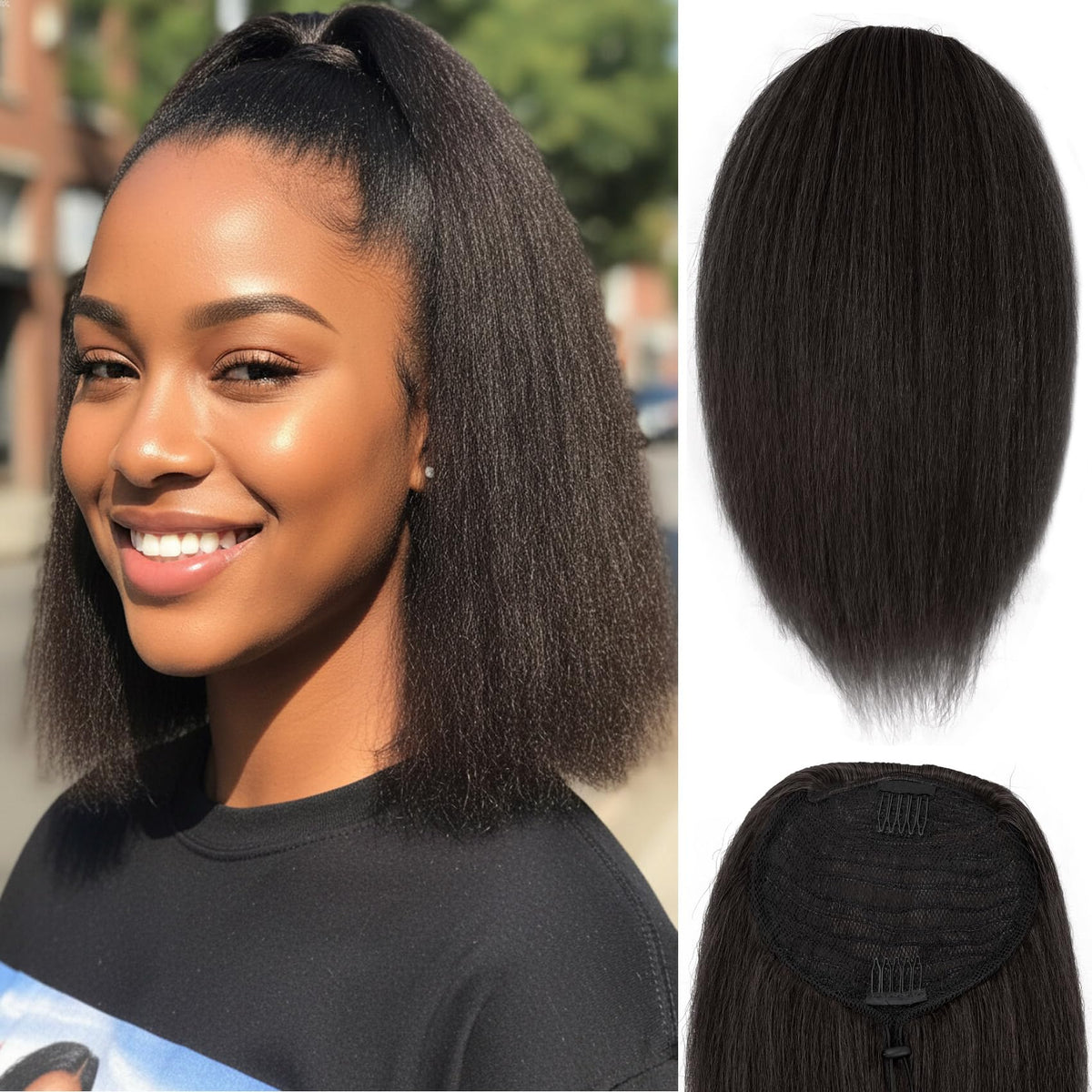UAmy Hair 12-inch yaki straight drawstring ponytail in natural black for daily wear.