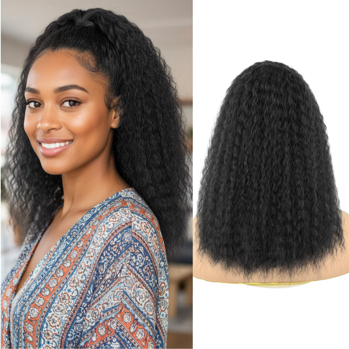 UAmy Hair kinky straight drawstring ponytail 16in blends naturally for daily wear and versatile styling.