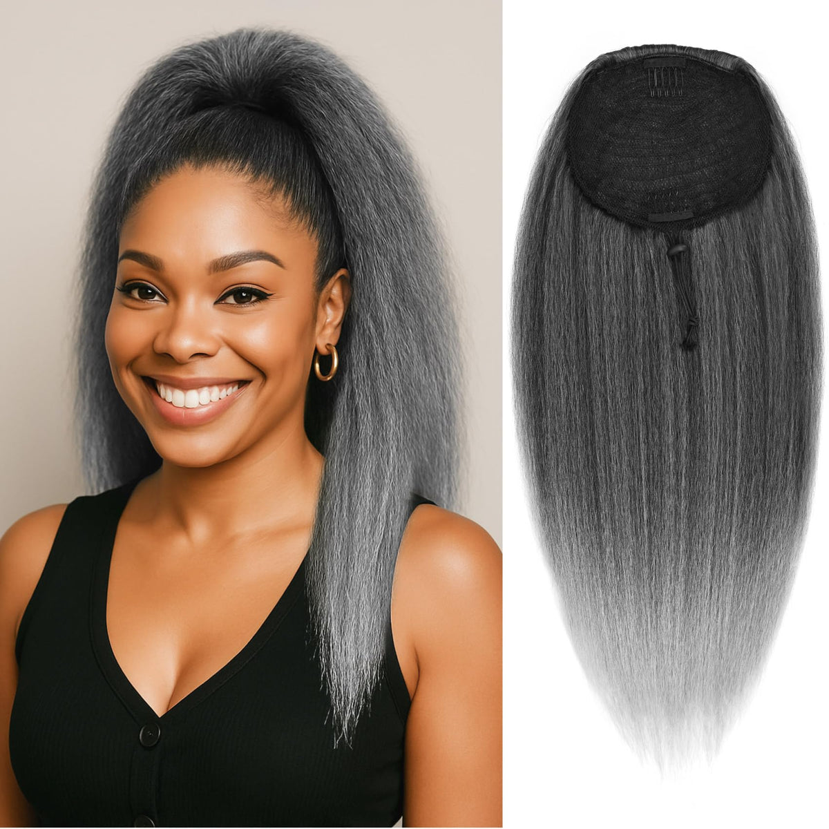 UAmy Hair long gray yaki straight drawstring pony demonstrates full volume for a polished look