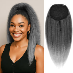 UAmy Hair long gray yaki straight drawstring pony demonstrates full volume for a polished look