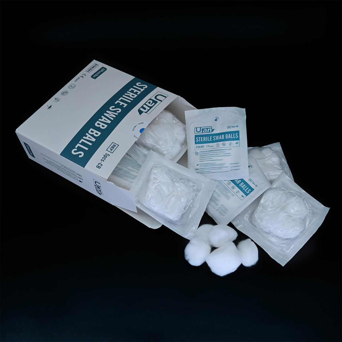 UAN individually packaged cotton balls in sterile wrappers for on-the-go hygiene.
