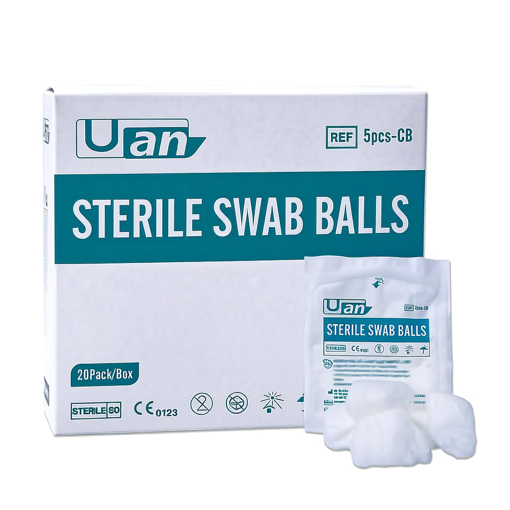 UAN sterile wound care cotton balls, 20-pack, front view for easy handling.