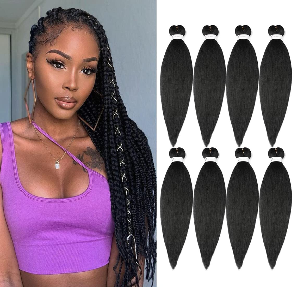 Ubeleco pre-stretched braiding hair, 20 inch, eight packs, smooth fiber for quick installs.