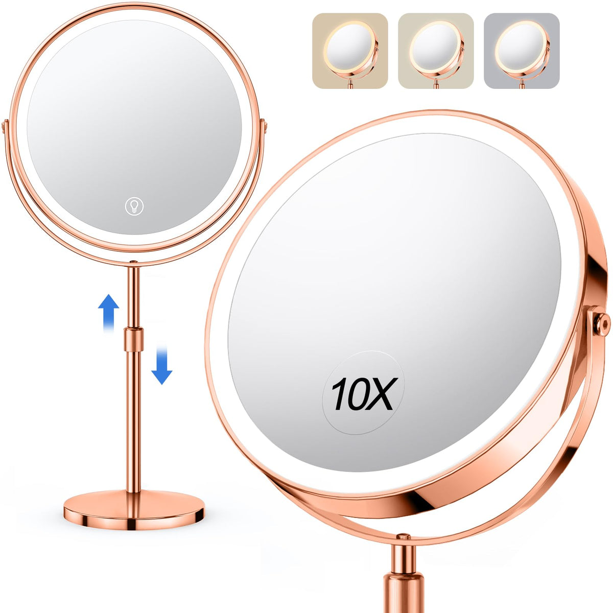 UBYMET 10x large makeup mirror in rose gold, front view for precise makeup application