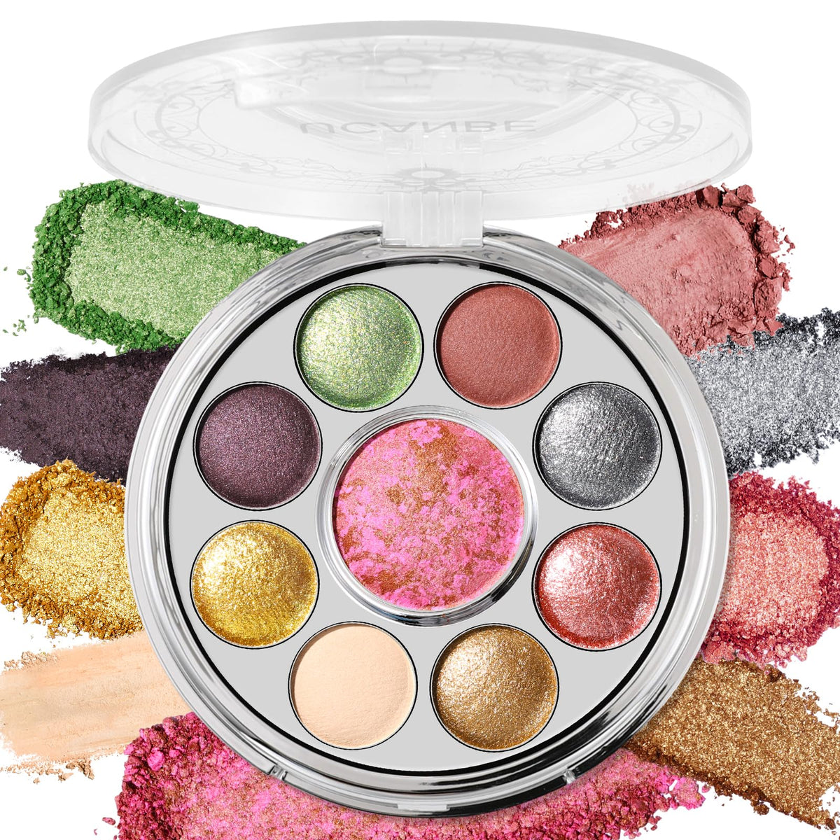 UCANBE Medieval Banquet palette closed, showcasing baked eyeshadows around a pink blush center