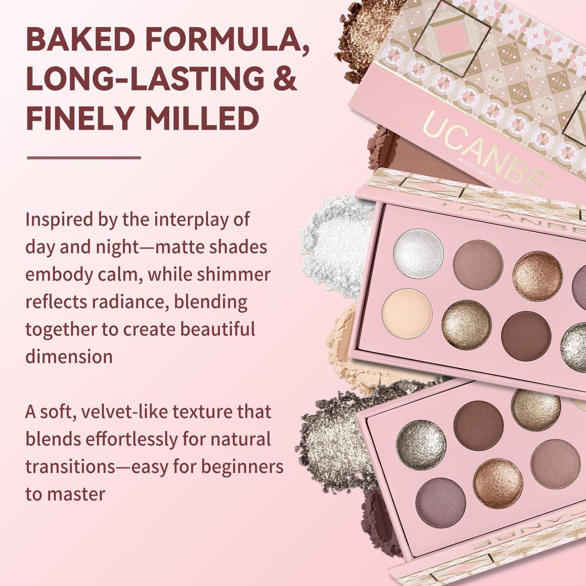UCANBE baked-eyeshadow-palette close-up reveals blendable soft pink neutrals