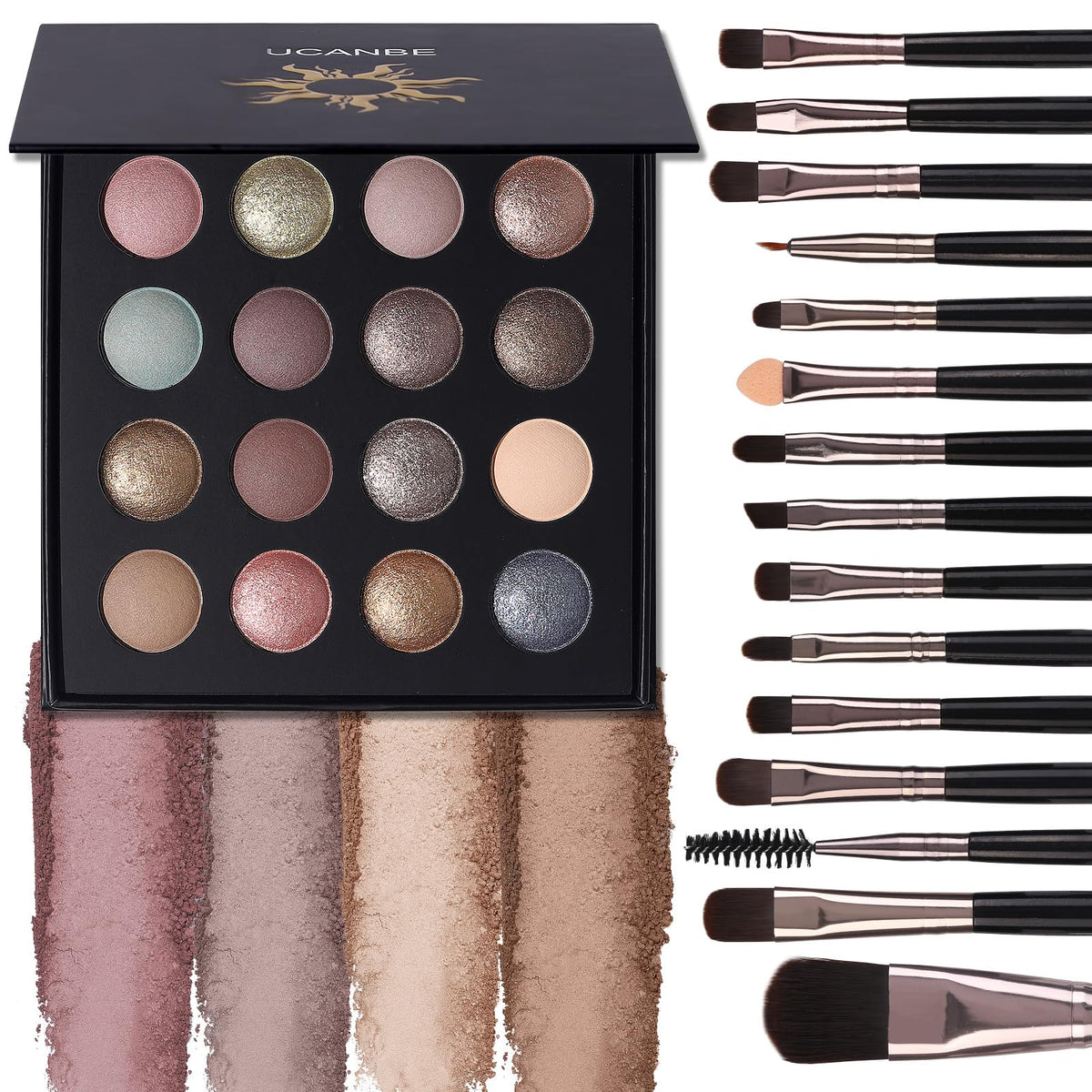 UCANBE baked palette with 16 shades showing matte and shimmer colors for versatile looks