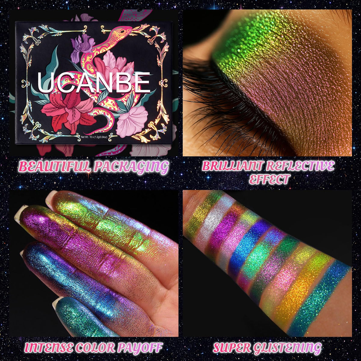 UCANBE Chameleon swatch demonstrates creamy glide and minimal fallout