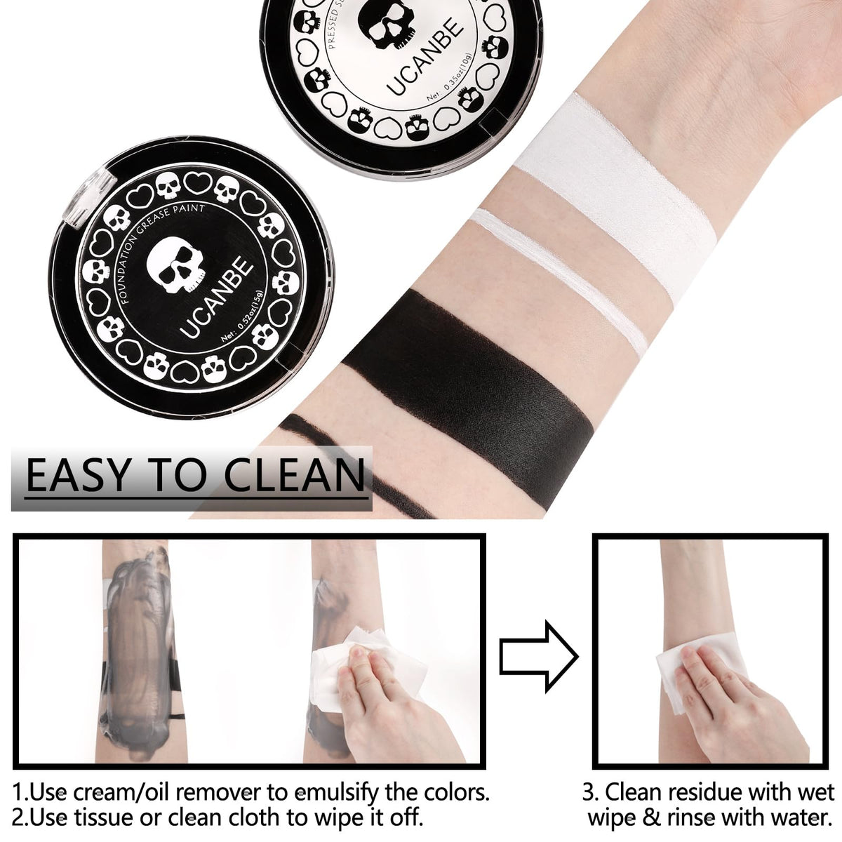 UCANBE clown makeup look using white and black for drama