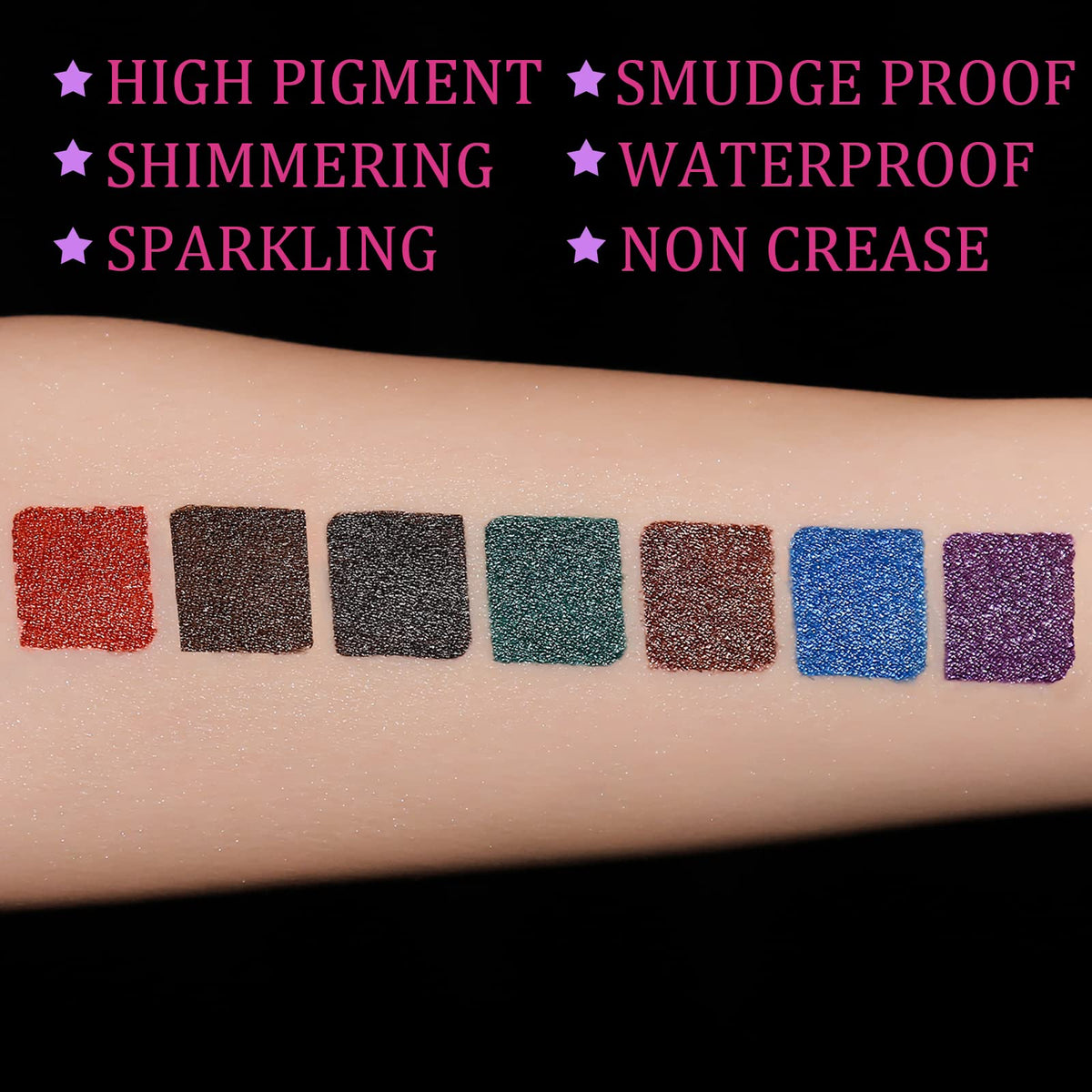 UCANBE color swatches display shimmering shades for creative eye makeup ideas.