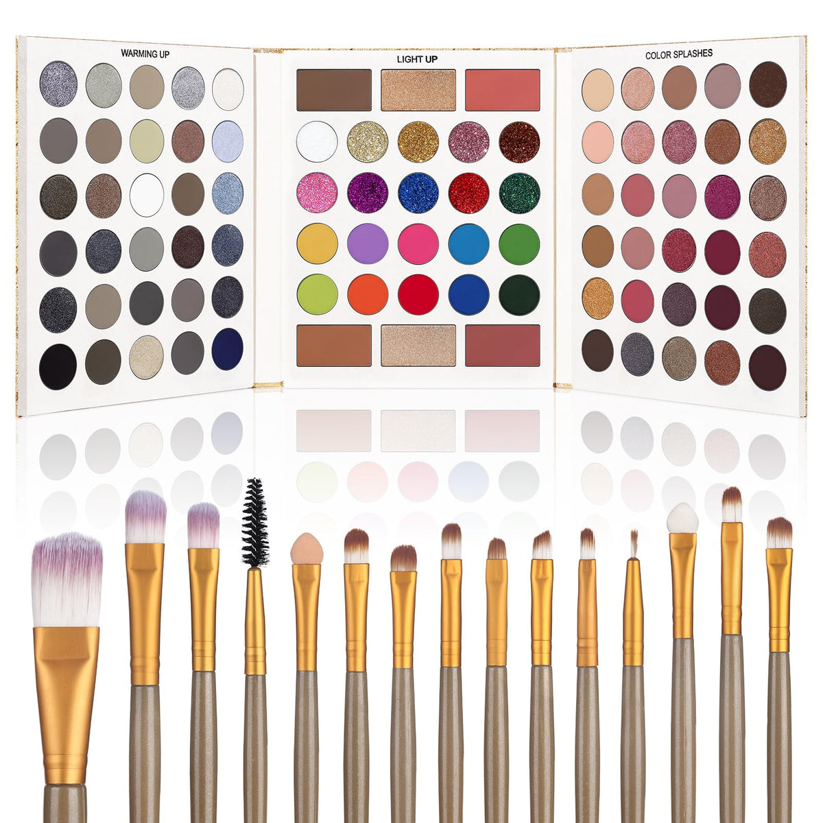UCANBE 86-shade palette open with brush set for versatile day-to-night looks