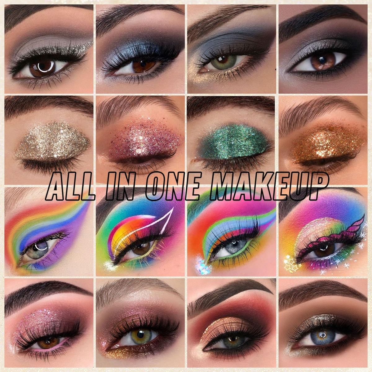 UCANBE close-up shows matte, shimmer, and glitter textures for customizable eye looks