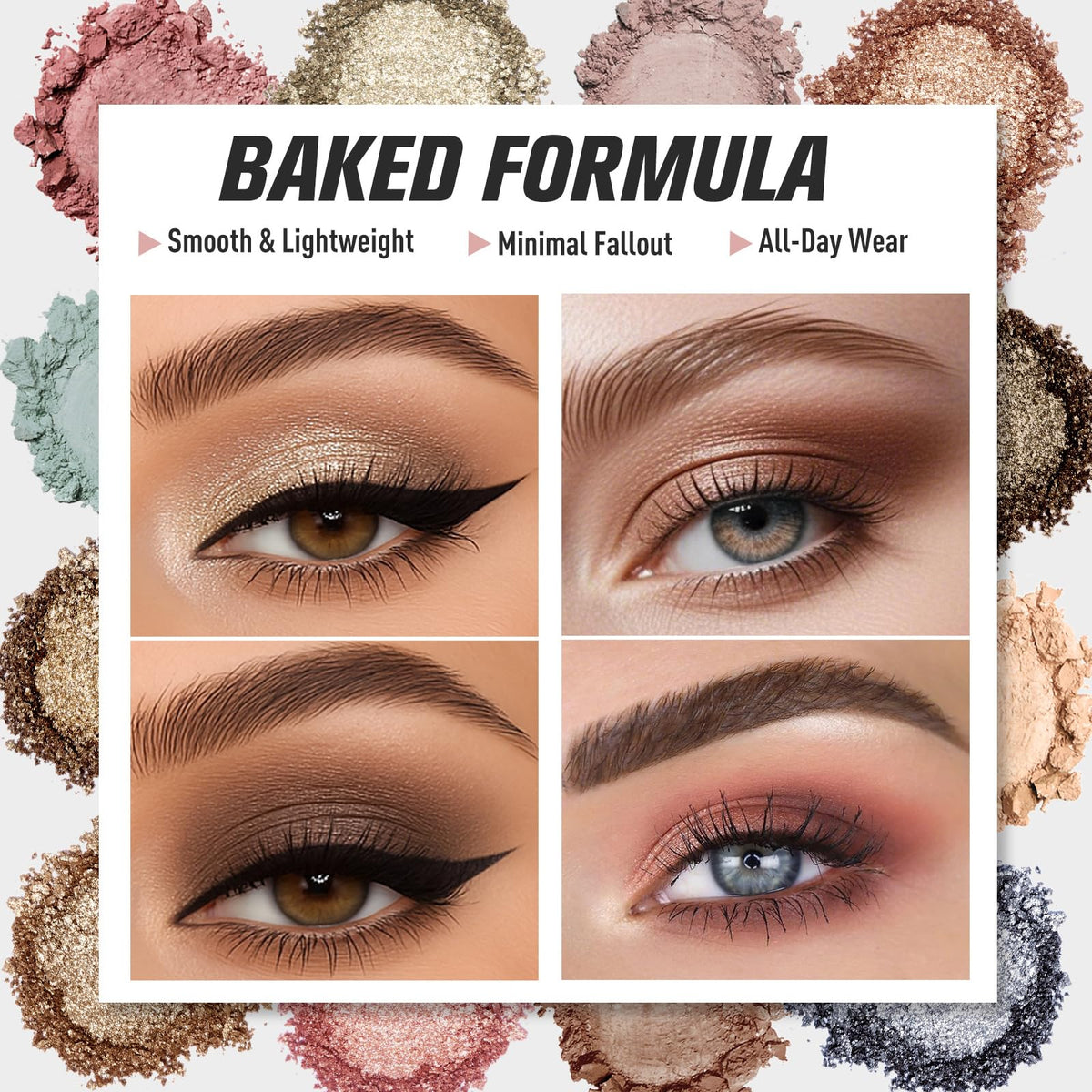 UCANBE 16-color palette close-up highlighting metallic shimmer shades