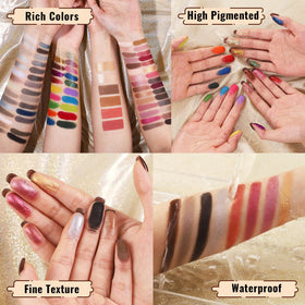Close-up of matte and shimmer finishes in the UCANBE palette for blending.