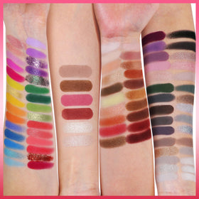 UCANBE palette swatches show matte, shimmer, and metallic textures on a sleek tray