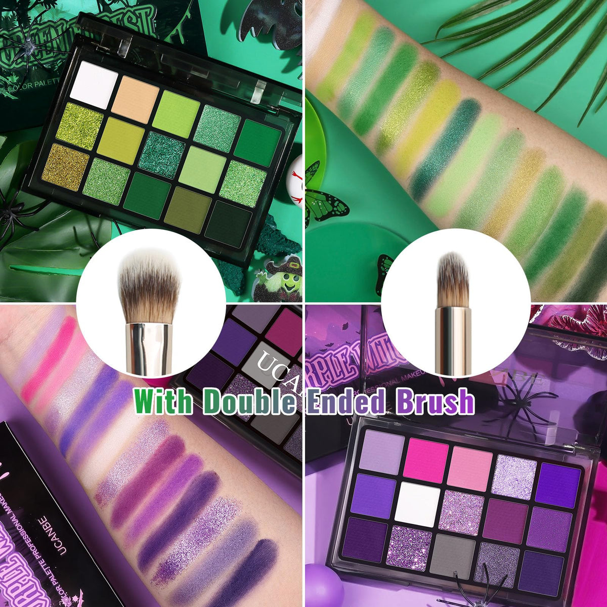 UCANBE Green Forest swatches show satin greens and gold foils for versatile looks